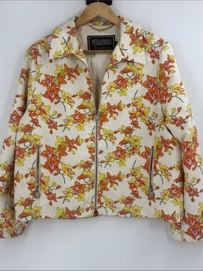 Versus Gianni Versace satiny multi florals coral cream  summer zip front jacket